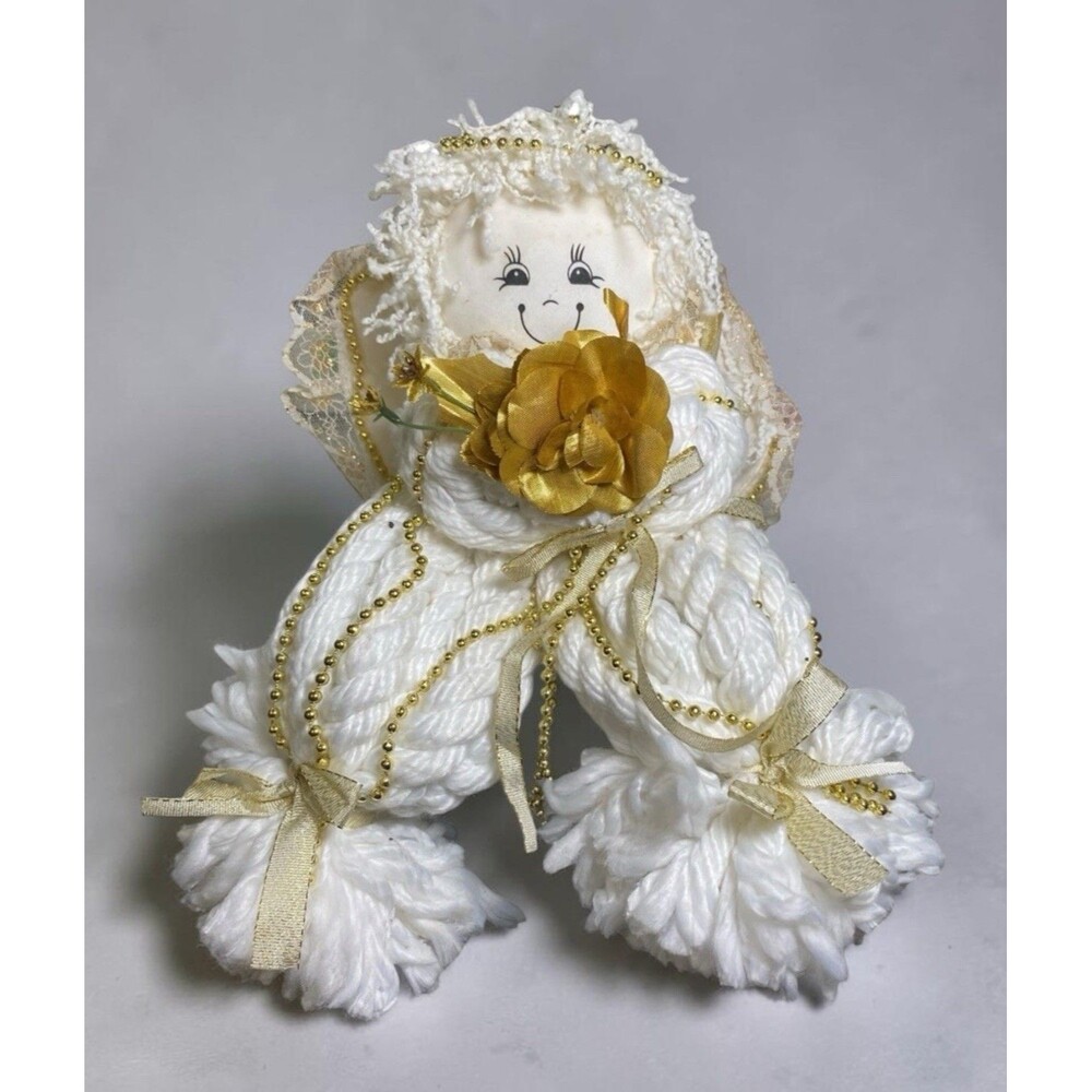 Vintage Yarn Christmas Angel Doll White Gold Shelf Sitter Handmade Holiday Decor